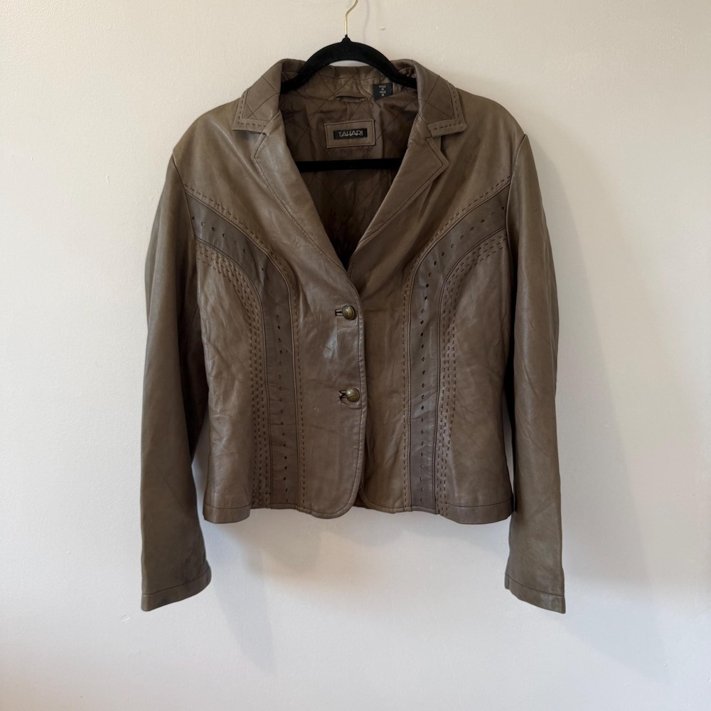 Tahari Leather Jacket Womens Medium M Gray Blazer Perforated Y2K Boho Coat VTG